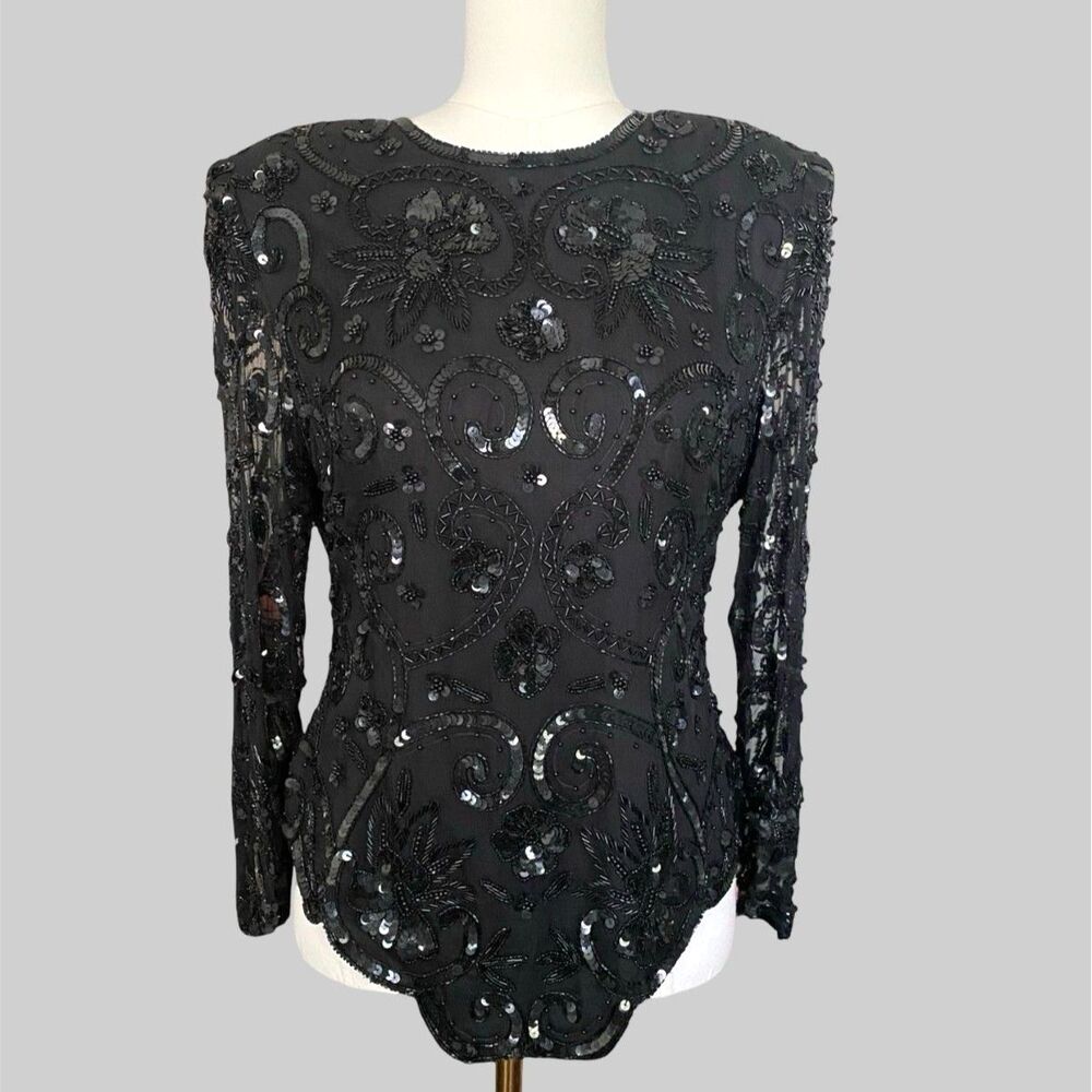 VTG Laurence Kazar Black Beaded Silk Top M 90s Sequin Evening Cocktail Blouse